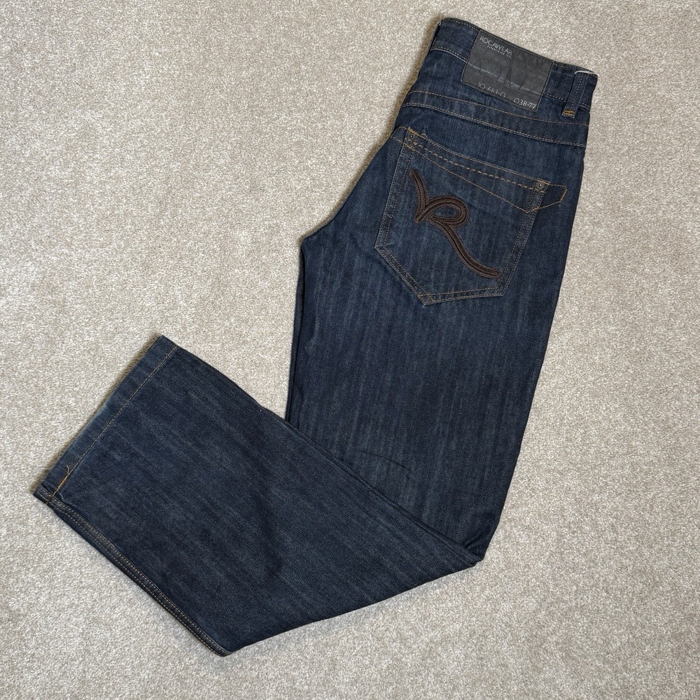 Rocawear Jeans Mens 34 Blue Original Fit Straight Leg Embroidered Pockets Denim
